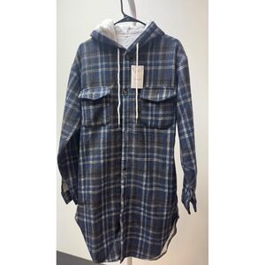 Helix Women Plaid Long Sleeve Hooded Flannel Shirt Jacket L XL‎ Blue Tan